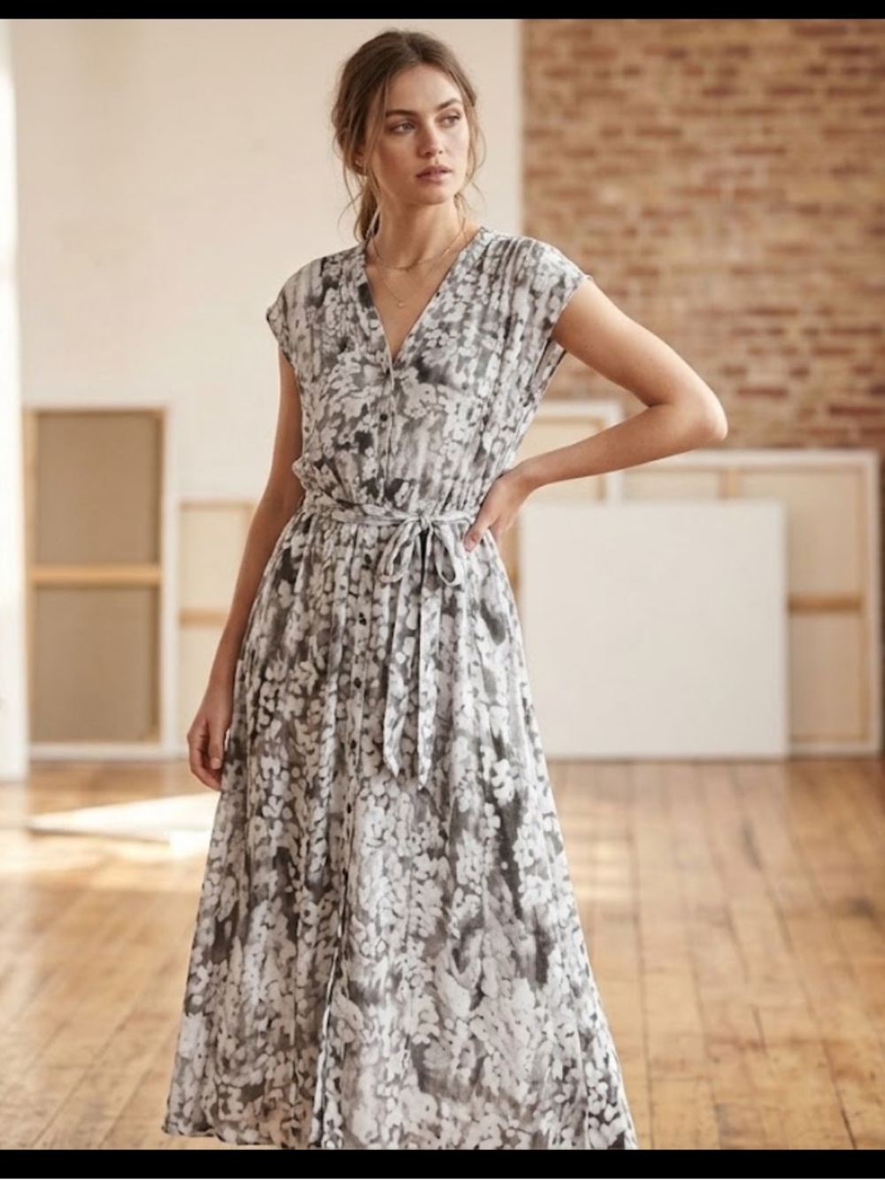 Floral Maxi Dress in Gray & White